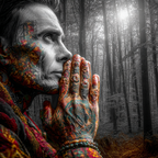 Nachdenklicher Mensch Im Wald Mit Tattoos Reflexion Und Spiritualität | Tattoo Aesthetik | Menschen und Emotionen