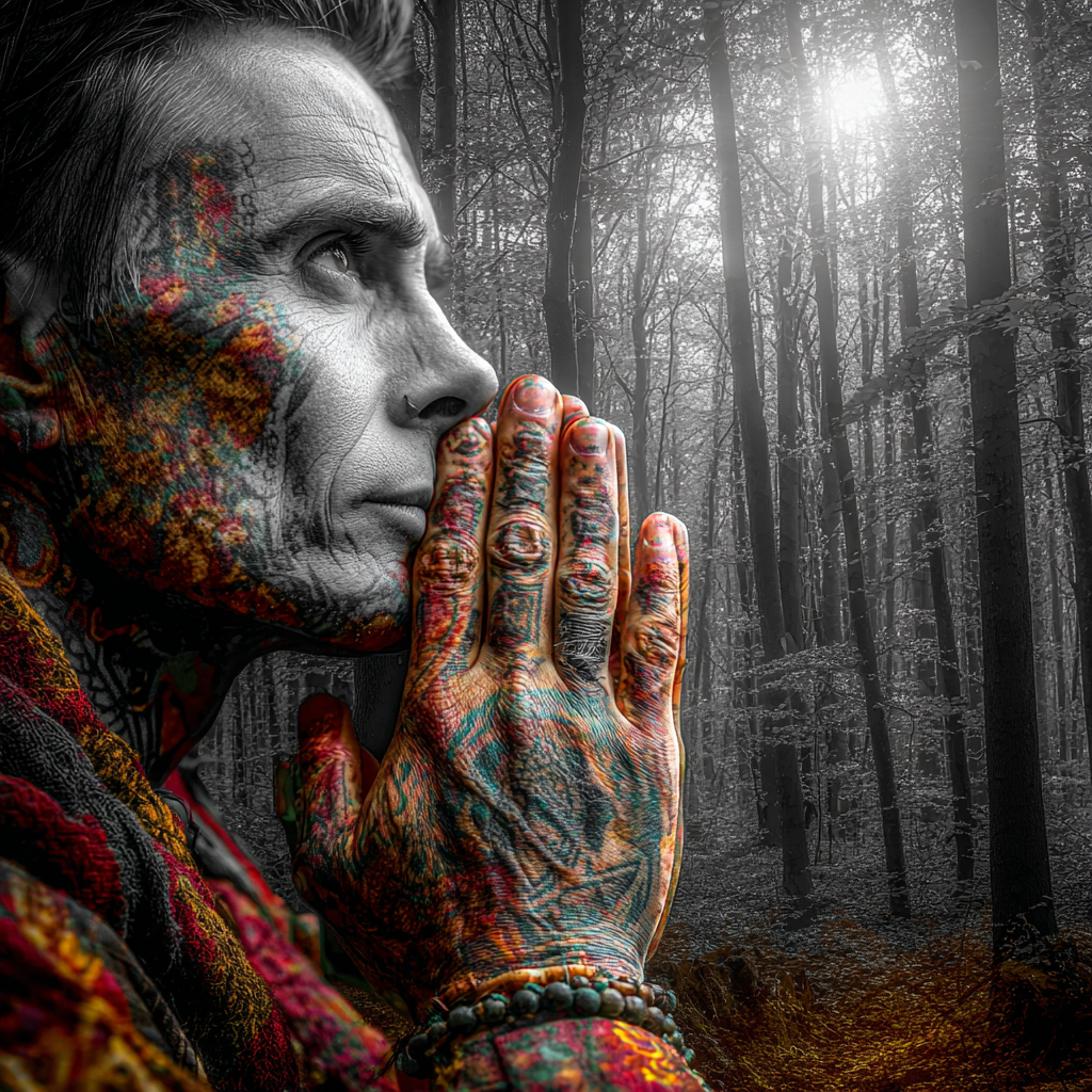 Nachdenklicher Mensch Im Wald Mit Tattoos Reflexion Und Spiritualität | Tattoo Aesthetik | Menschen und Emotionen