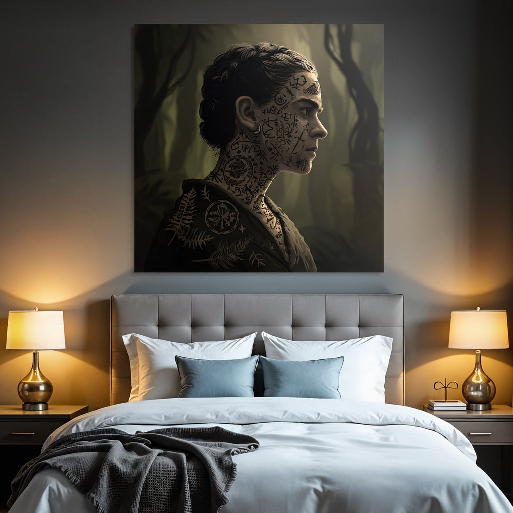 Person Mit Tattoos Neck Und Gesicht Im Dunklen Dschungel Hintergrund