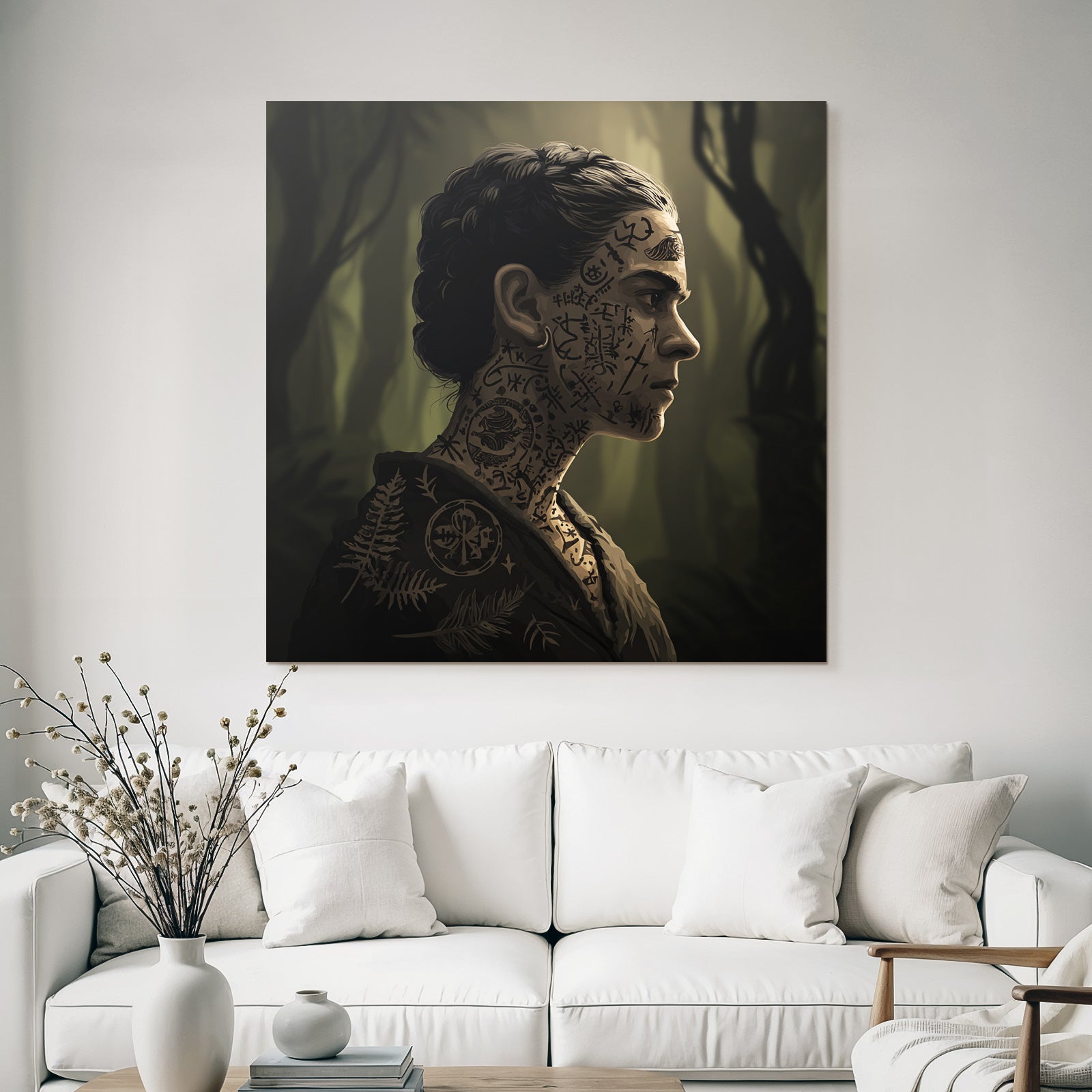 Person Mit Tattoos Neck Und Gesicht Im Dunklen Dschungel Hintergrund