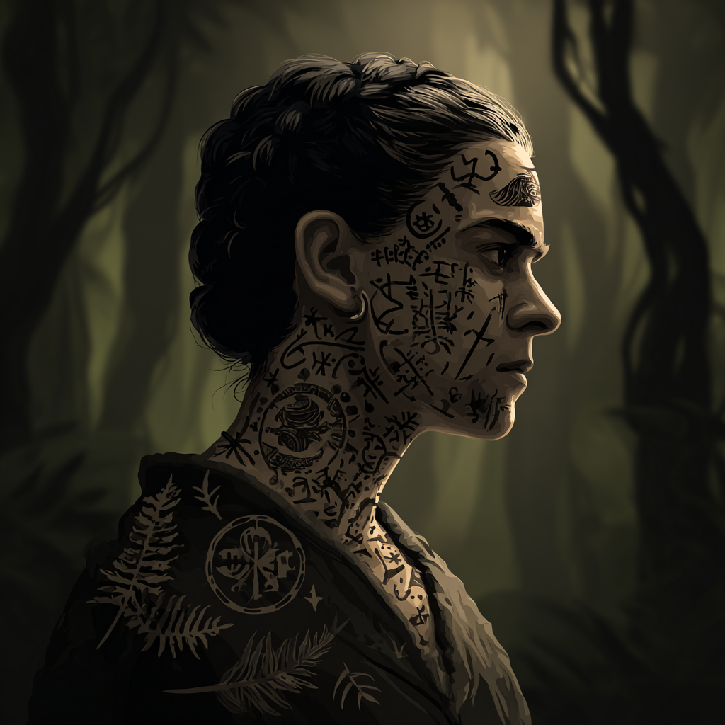 Person Mit Tattoos Neck Und Gesicht Im Dunklen Dschungel Hintergrund | Tattoo Aesthetik | Menschen und Emotionen