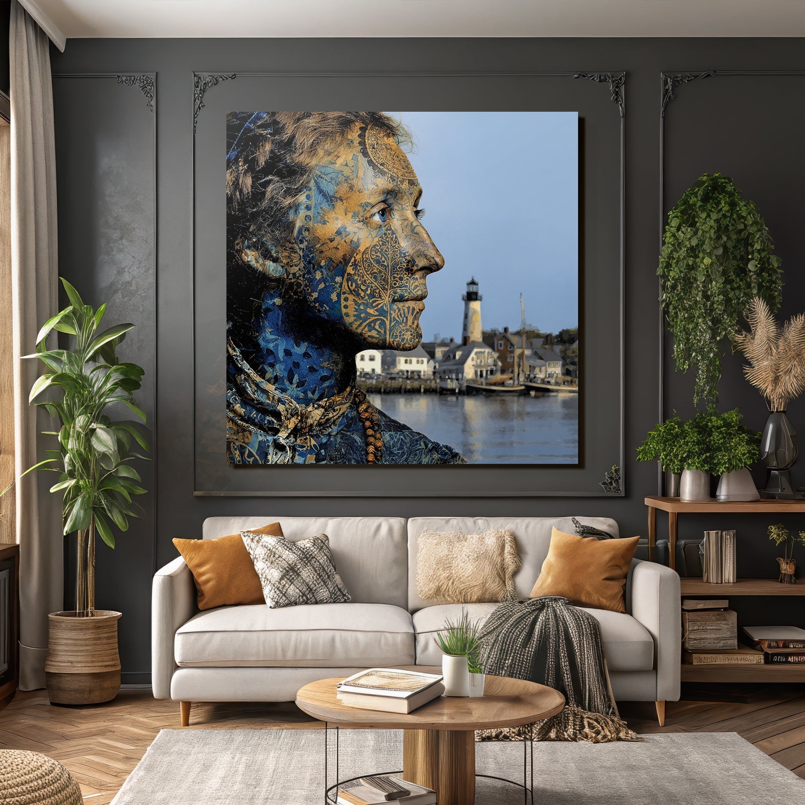 Personenprofil Mit Körperkunst Am Wasser Mit Leuchtturm