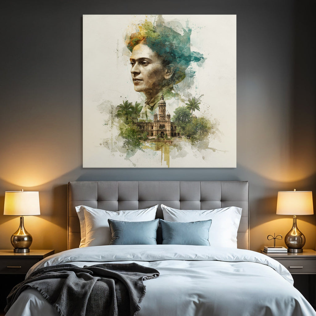 Porträt Einer Frau Mit Historischem Gebäude Umgeben Von Grünz Illustration