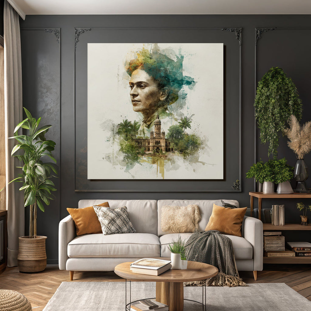 Porträt Einer Frau Mit Historischem Gebäude Umgeben Von Grünz Illustration