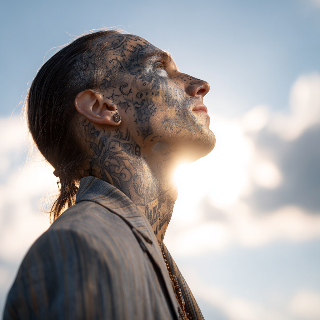 Porträt Mit Intrikaten Tattoos Auf Gesicht Und Hals Im Profilsicht Mit Himmel Hintergrund | Tattoo Aesthetik | Menschen und Emotionen