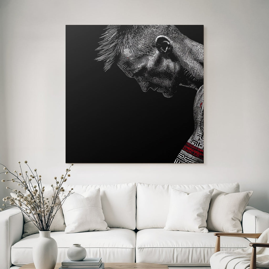 Stylisierte Illustration Einer Figuren In Gebeugter Positur Mit Muster Rot Schwarz Grau