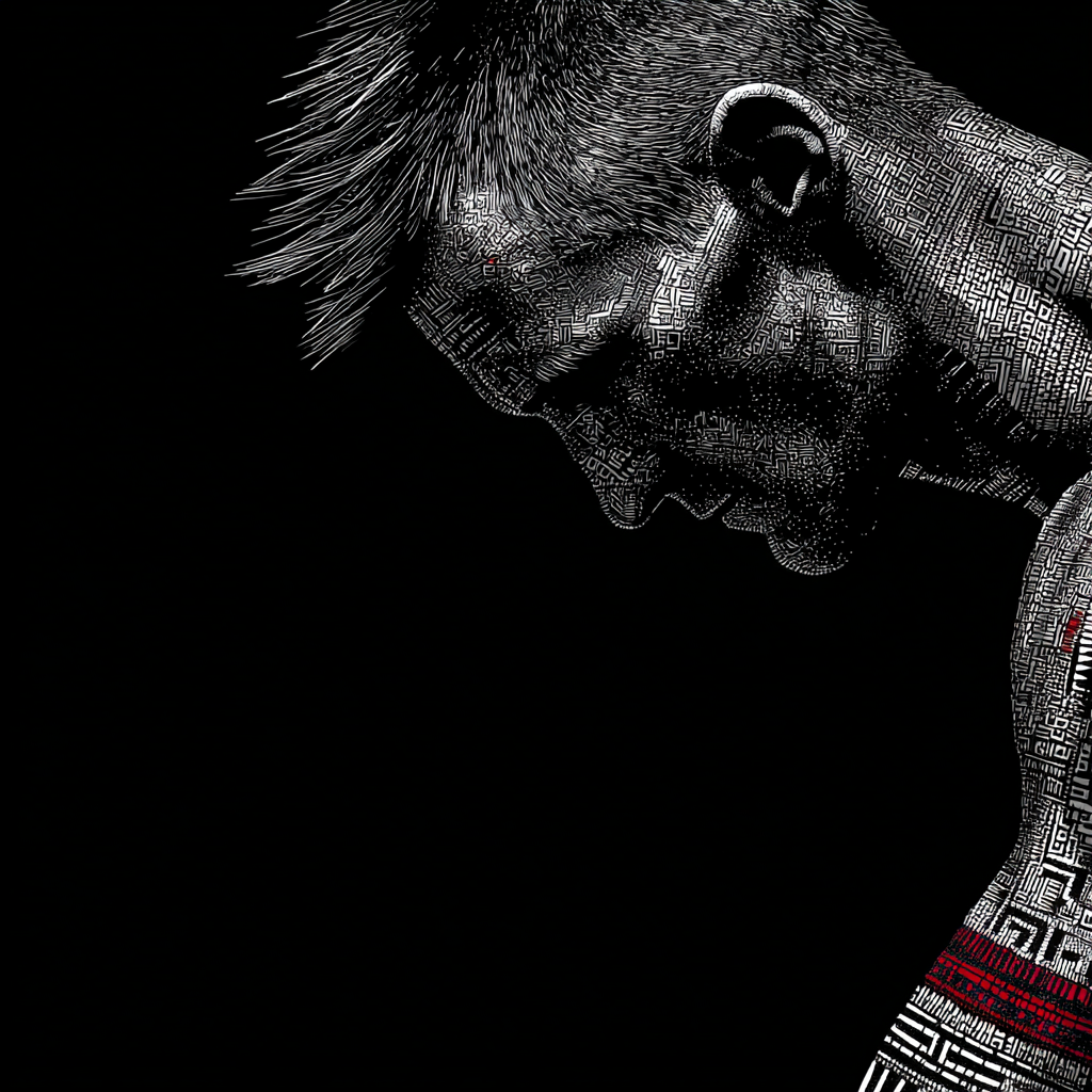 Stylisierte Illustration Einer Figuren In Gebeugter Positur Mit Muster Rot Schwarz Grau | Tattoo Aesthetik | Menschen und Emotionen