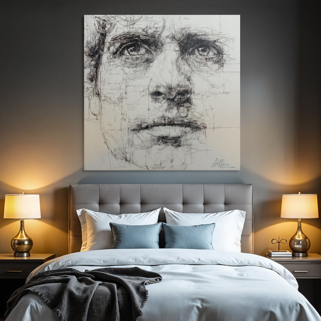 Stylized portrait with intricate linework and shadows