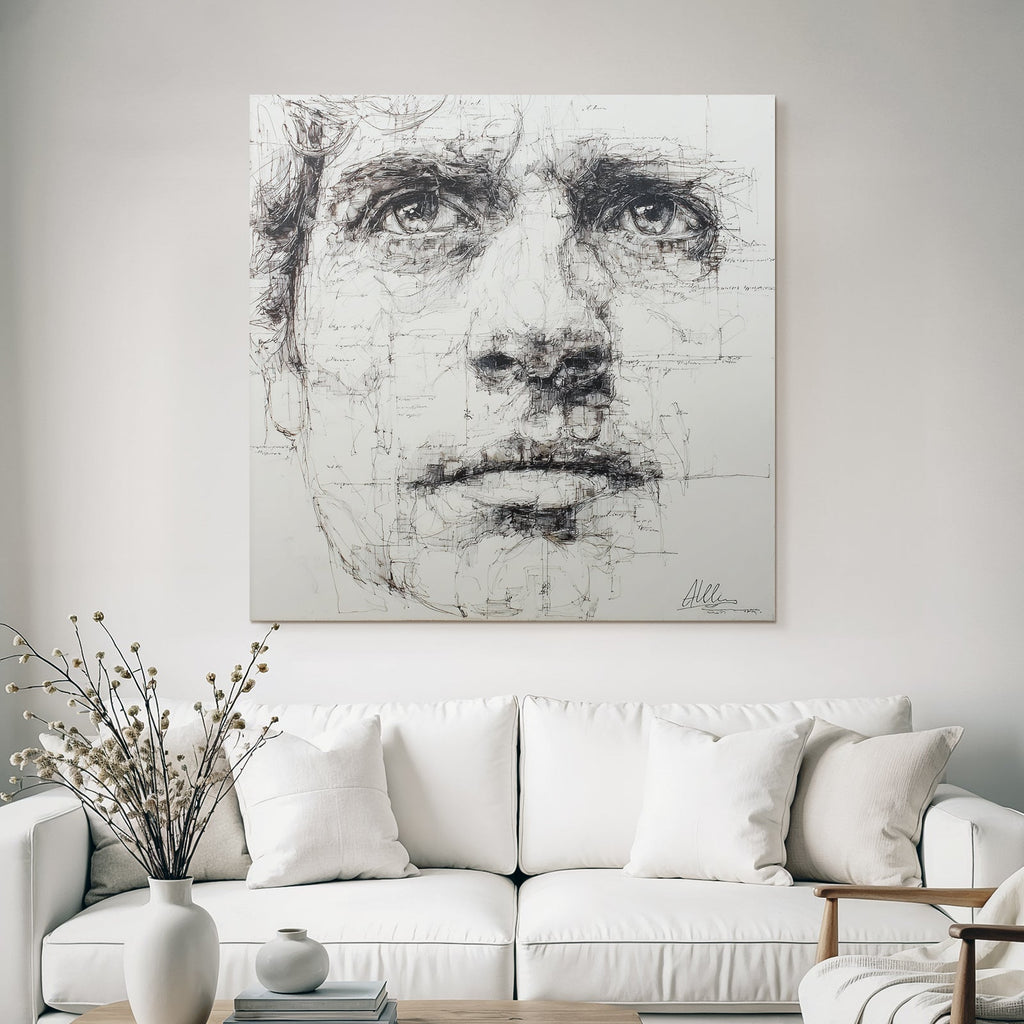 Stylized portrait with intricate linework and shadows