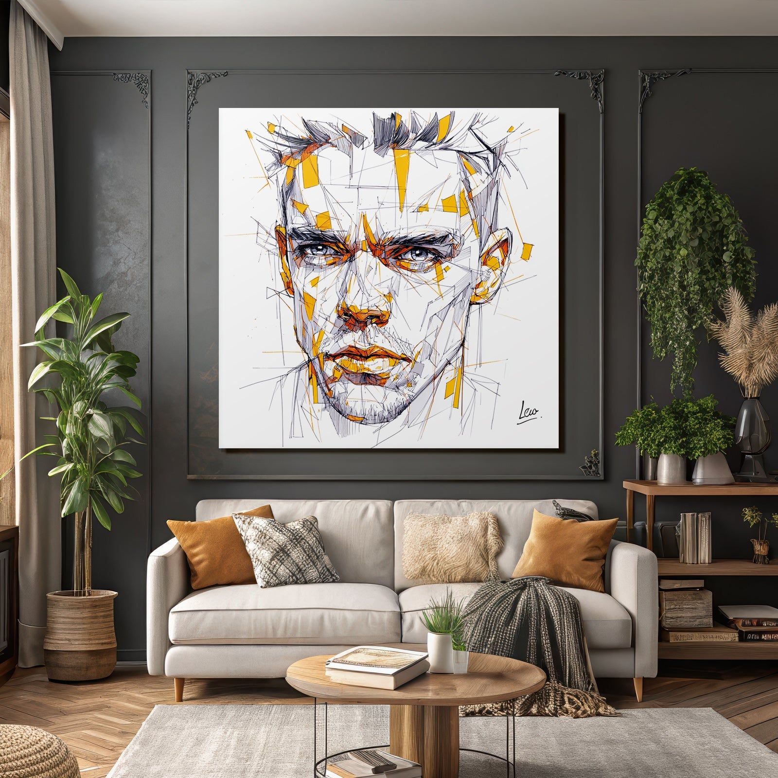 Stylisiertes Porträt Männliches Antlitz Geometrische Elemente Orange Leo
