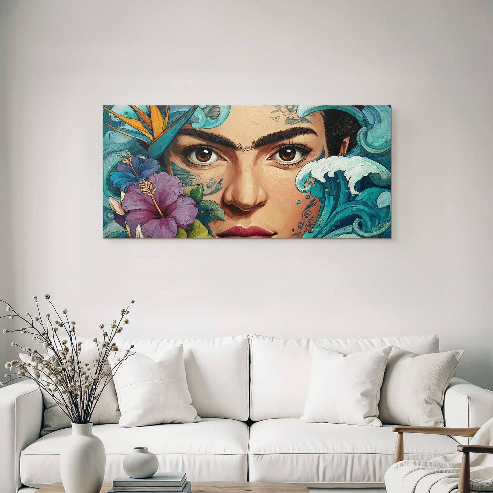 Blumige Portait Der Frau Und Ozeanwellen