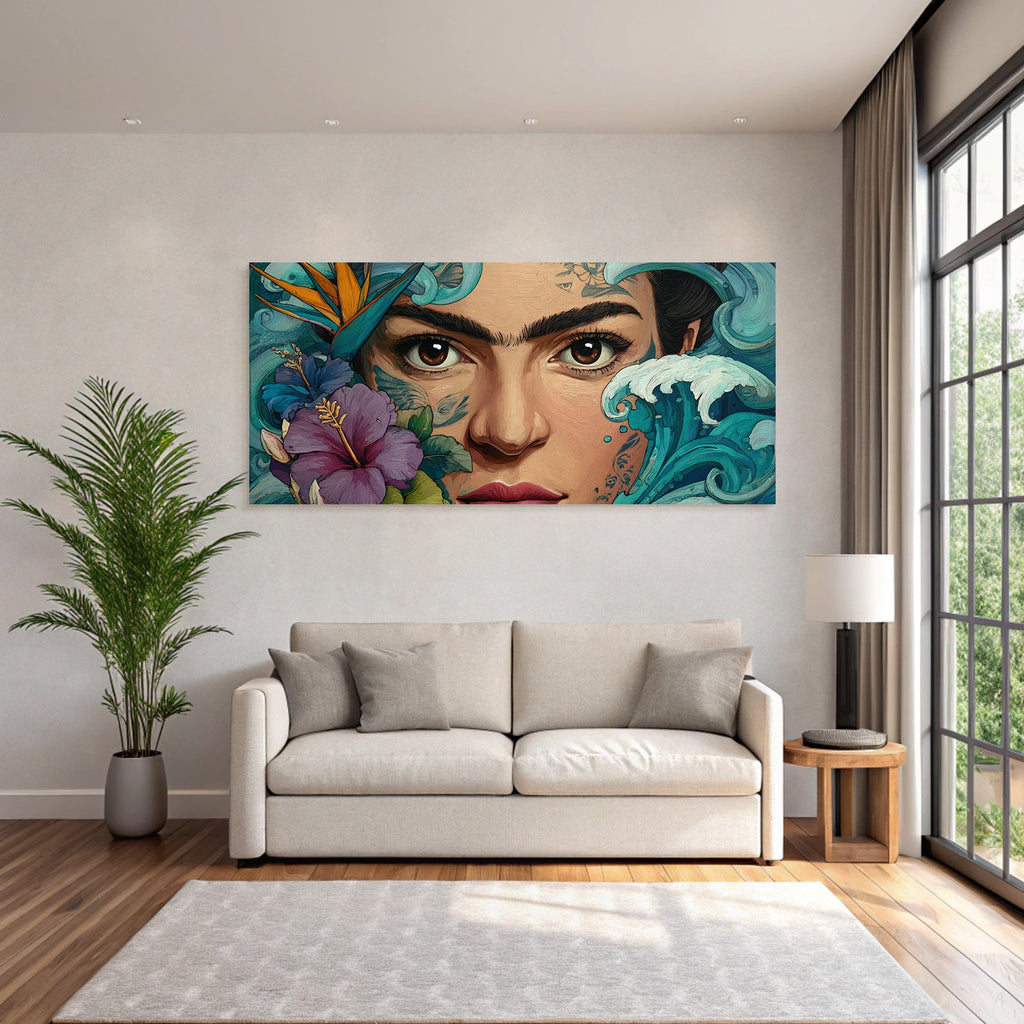 Blumige Portait Der Frau Und Ozeanwellen