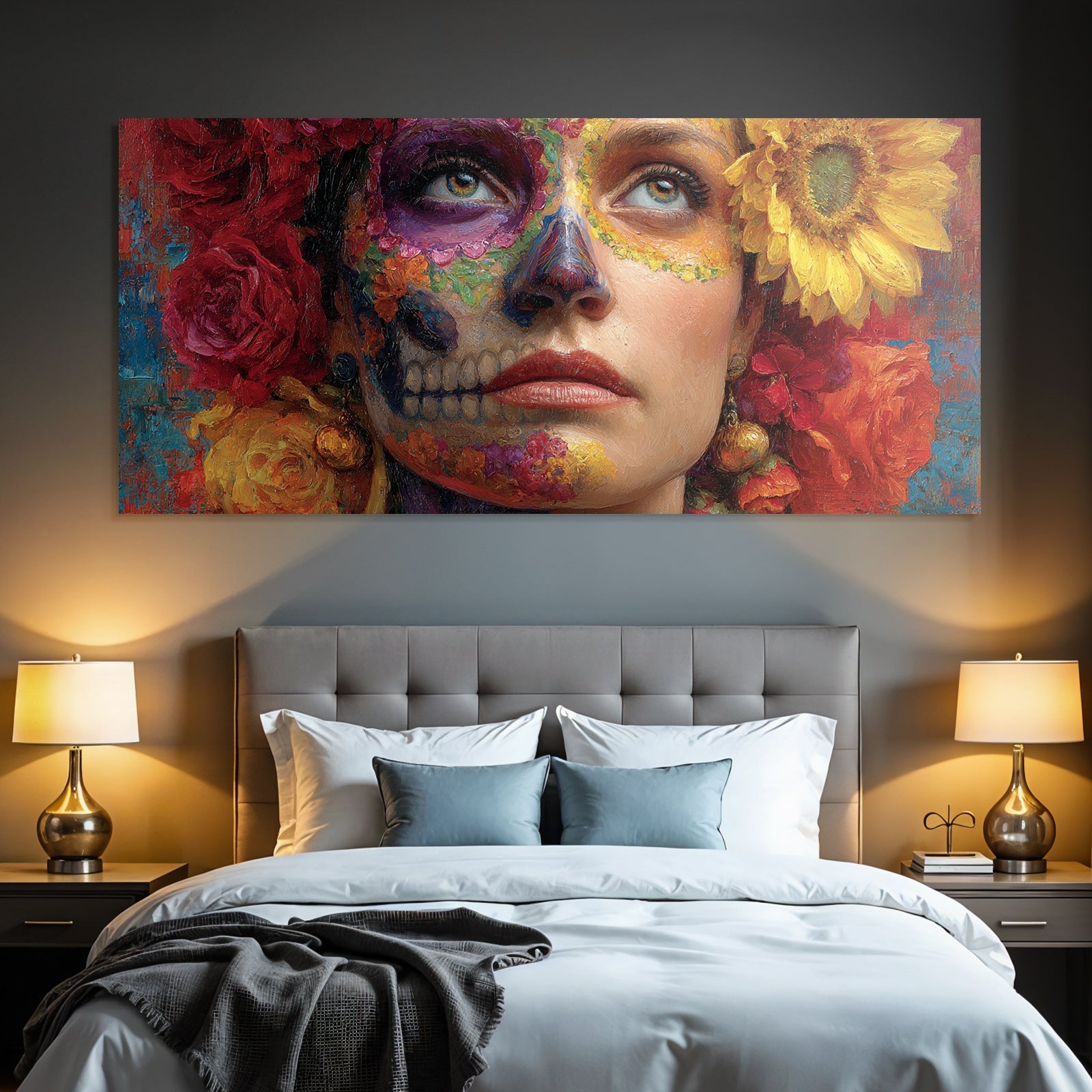 Dia De Los Mürtos Farbenfrohe Gesichtsbemalung Blumen Hintergrund