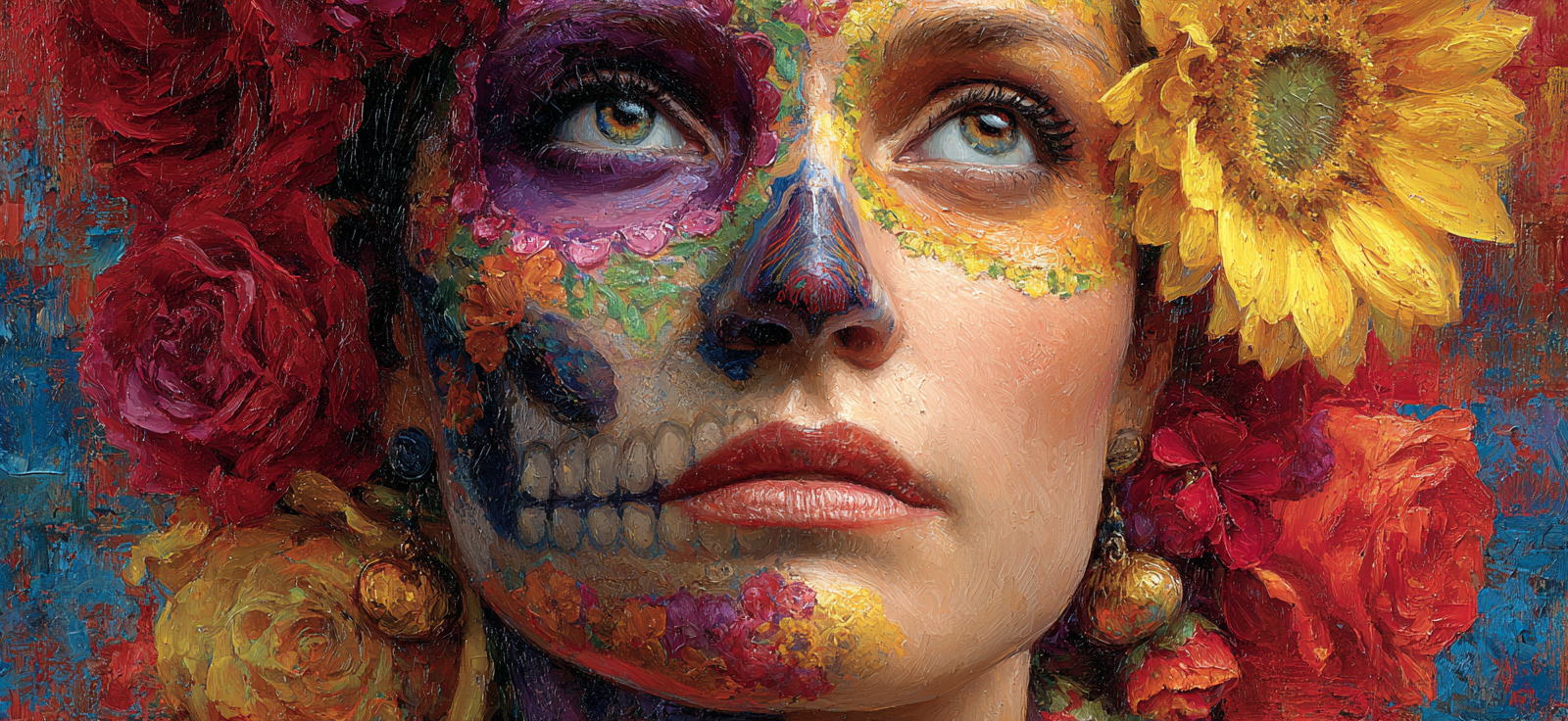 Dia De Los Mürtos Farbenfrohe Gesichtsbemalung Blumen Hintergrund | Tattoo Aesthetik | Menschen und Emotionen