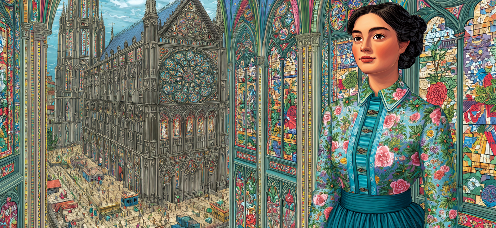 Frau In Blumenmuster Kleid Vor Der Buntverglasten Kathedrale | Tattoo Aesthetik | Menschen und Emotionen