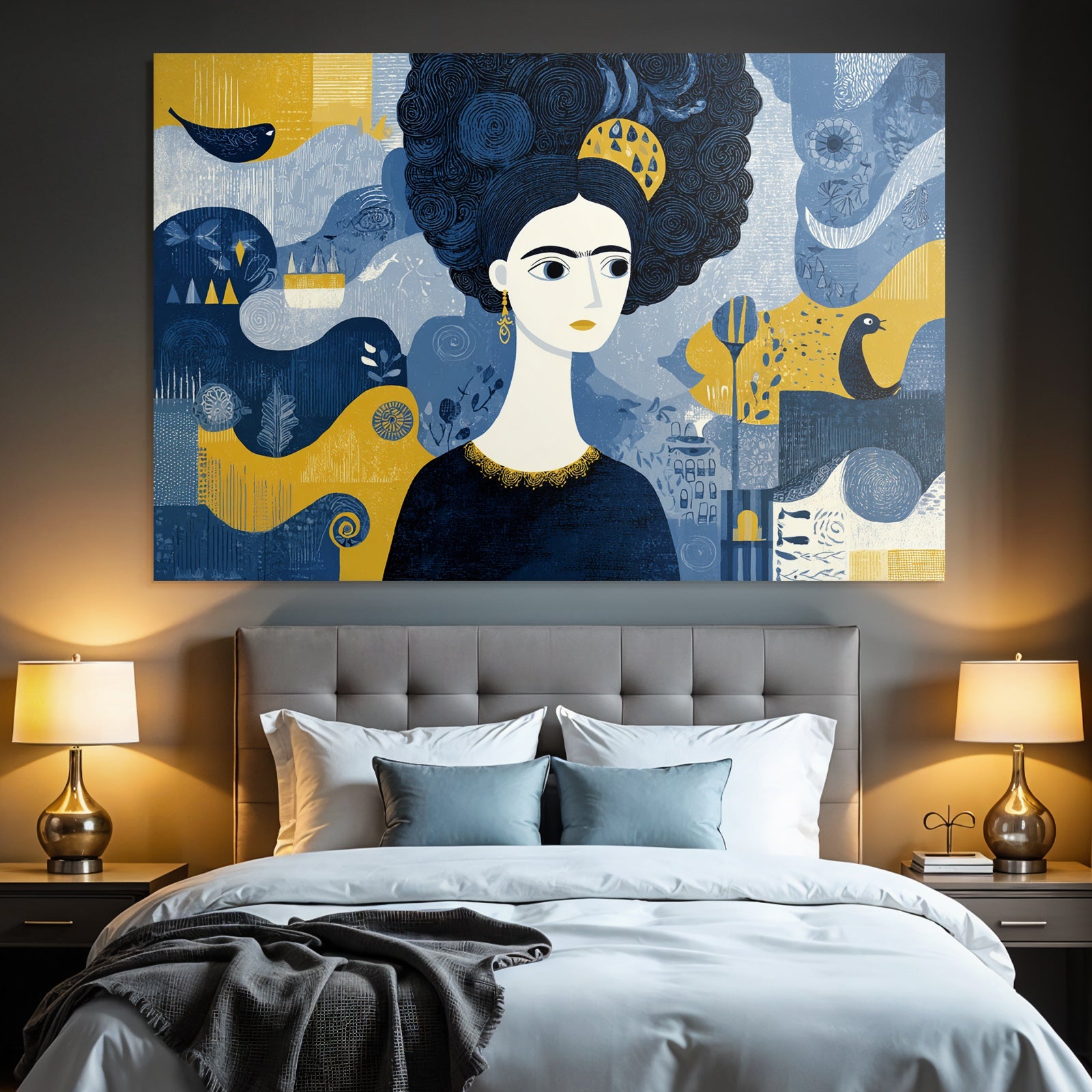 Frau Mit Dunklen Locken Und Abstraktem Hintergrund Blau Gelb