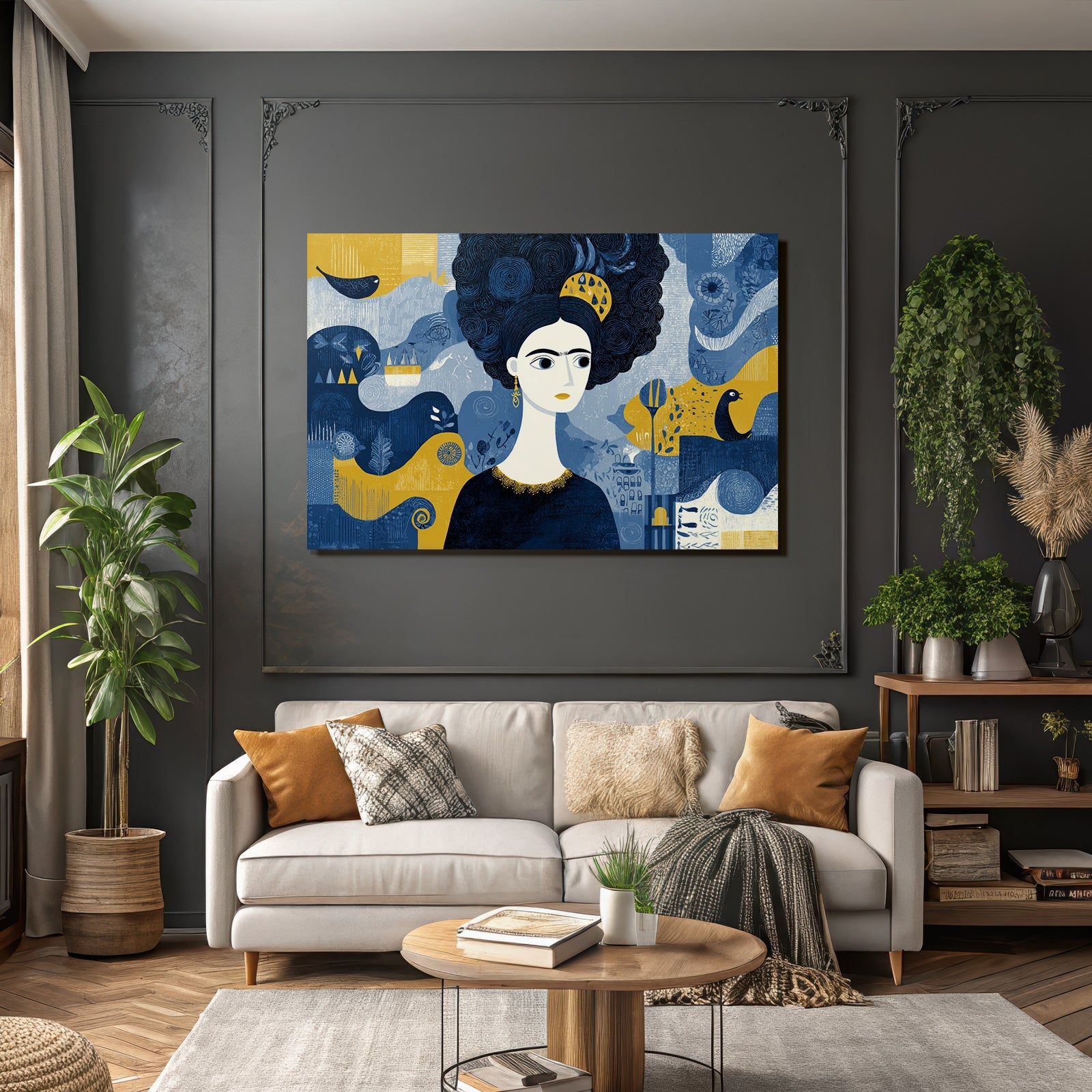 Frau Mit Dunklen Locken Und Abstraktem Hintergrund Blau Gelb