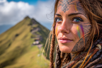 Frau Mit Gesichtstattoos Farbige Gesichtsbemalung Im Berglandschap | Tattoo Aesthetik | Menschen und Emotionen