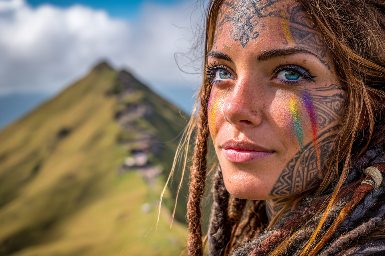 Frau Mit Gesichtstattoos Farbige Gesichtsbemalung Im Berglandschap | Tattoo Aesthetik | Menschen und Emotionen