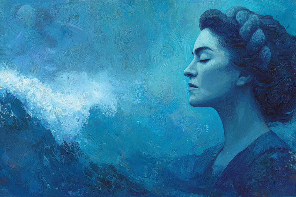 Frau Profil Gegen Meer Illustration In Blau | Tattoo Aesthetik | Menschen und Emotionen