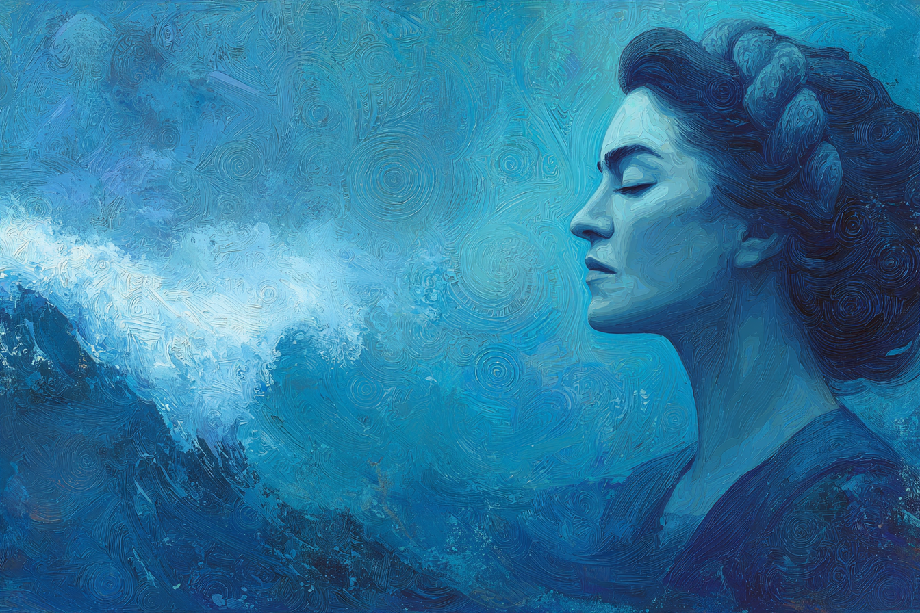 Frau Profil Gegen Meer Illustration In Blau | Tattoo Aesthetik | Menschen und Emotionen