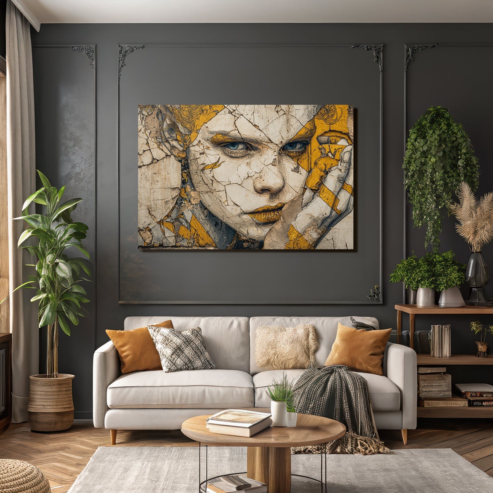 Gesicht Mural Gelb Neutrale Töne In Künstlerischem Stil