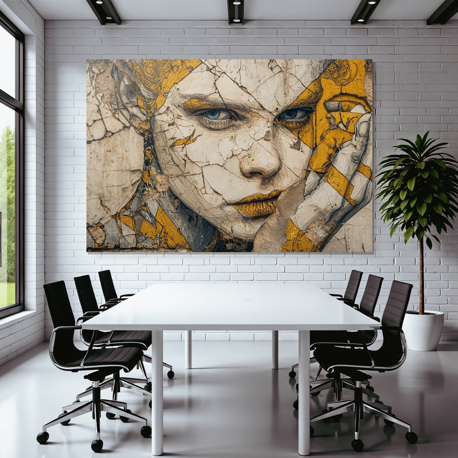 Gesicht Mural Gelb Neutrale Töne In Künstlerischem Stil