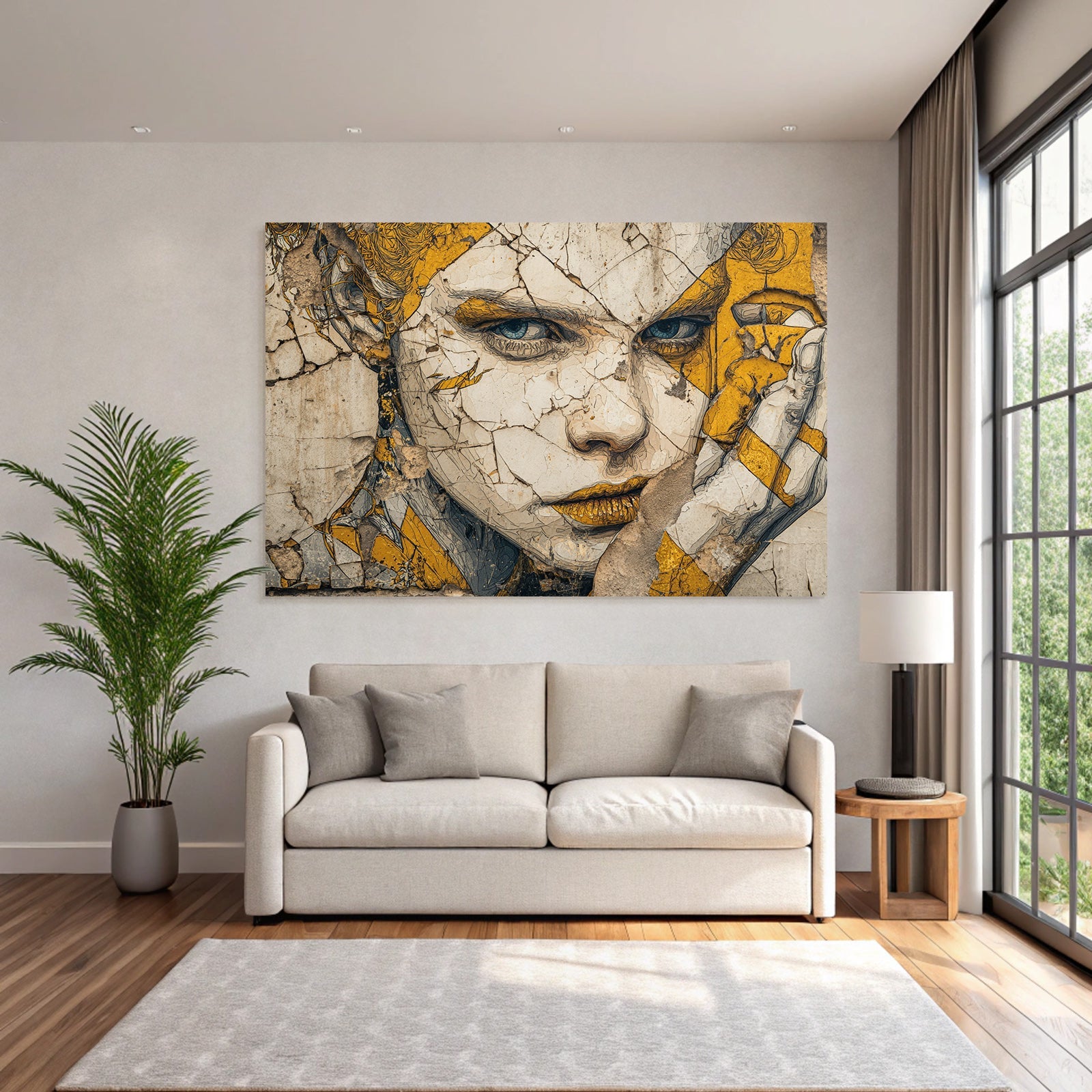 Gesicht Mural Gelb Neutrale Töne In Künstlerischem Stil