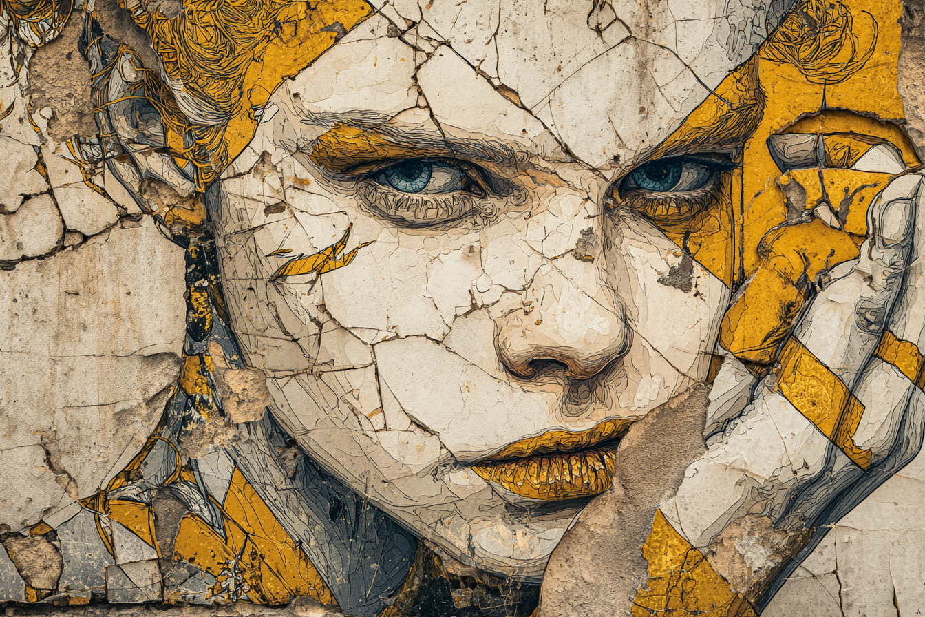 Gesicht Mural Gelb Neutrale Töne In Künstlerischem Stil | Tattoo Aesthetik | Menschen und Emotionen