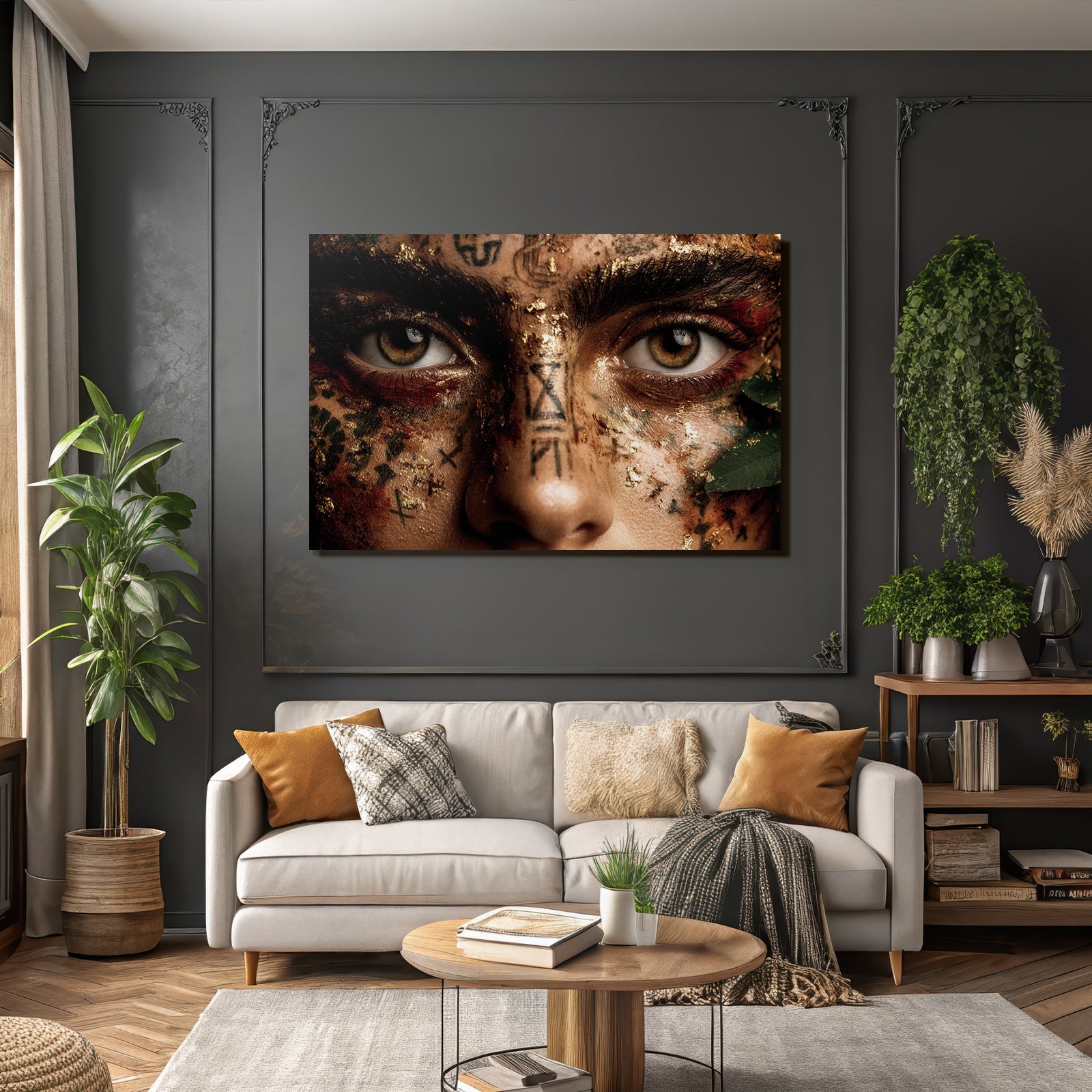 Intrikate Makeup Mit Goldblatt Und Symbolen Augen Narrative Kunstvolles Ausdruck
