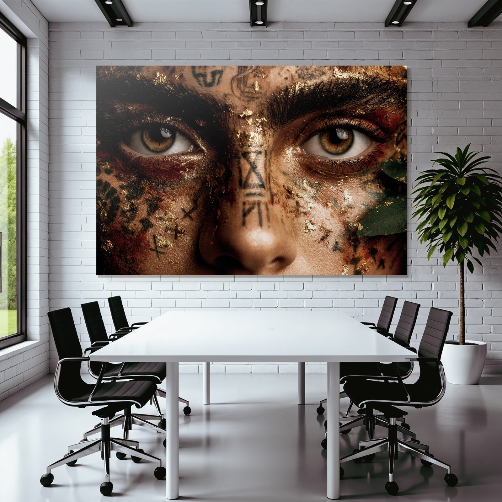 Intrikate Makeup Mit Goldblatt Und Symbolen Augen Narrative Kunstvolles Ausdruck