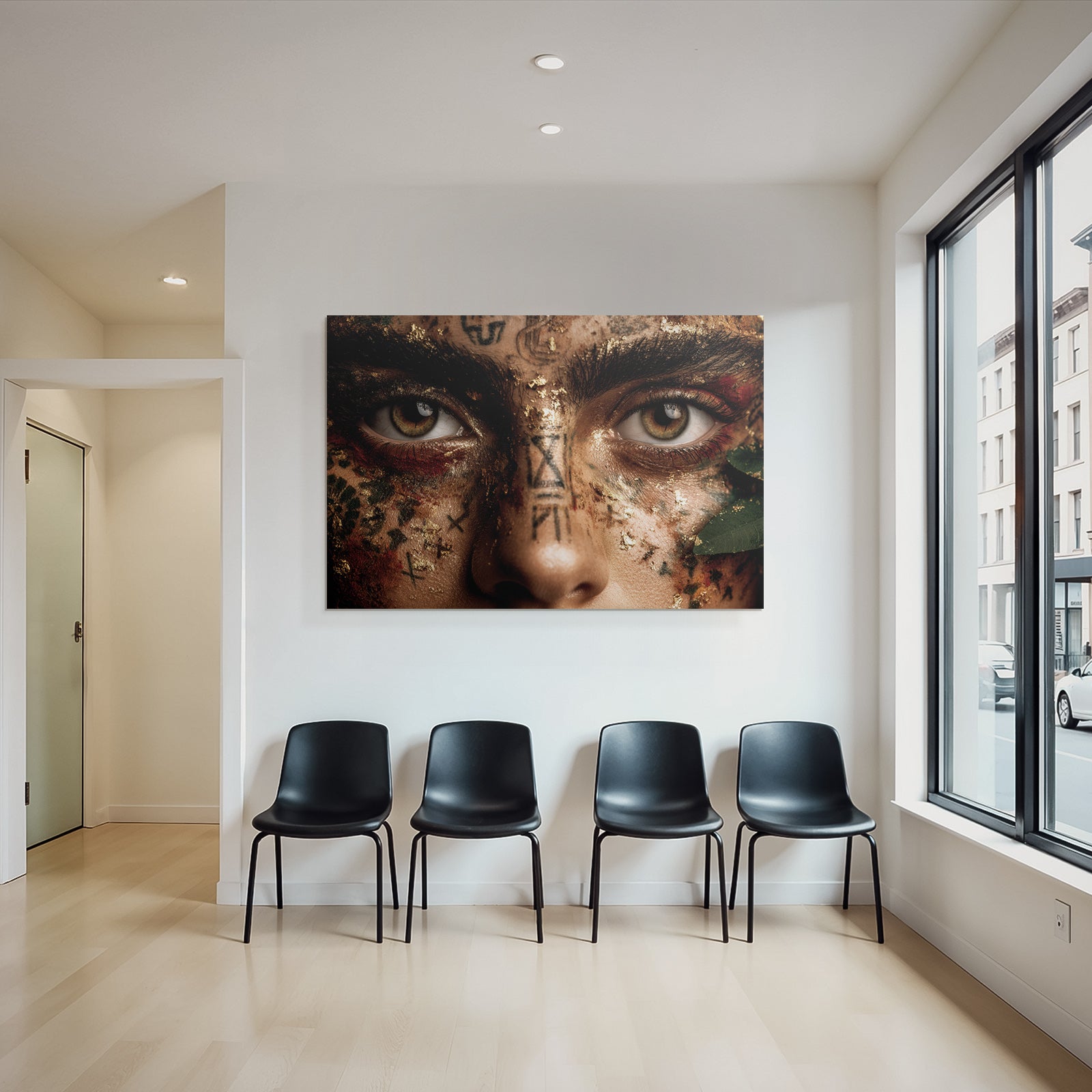 Intrikate Makeup Mit Goldblatt Und Symbolen Augen Narrative Kunstvolles Ausdruck