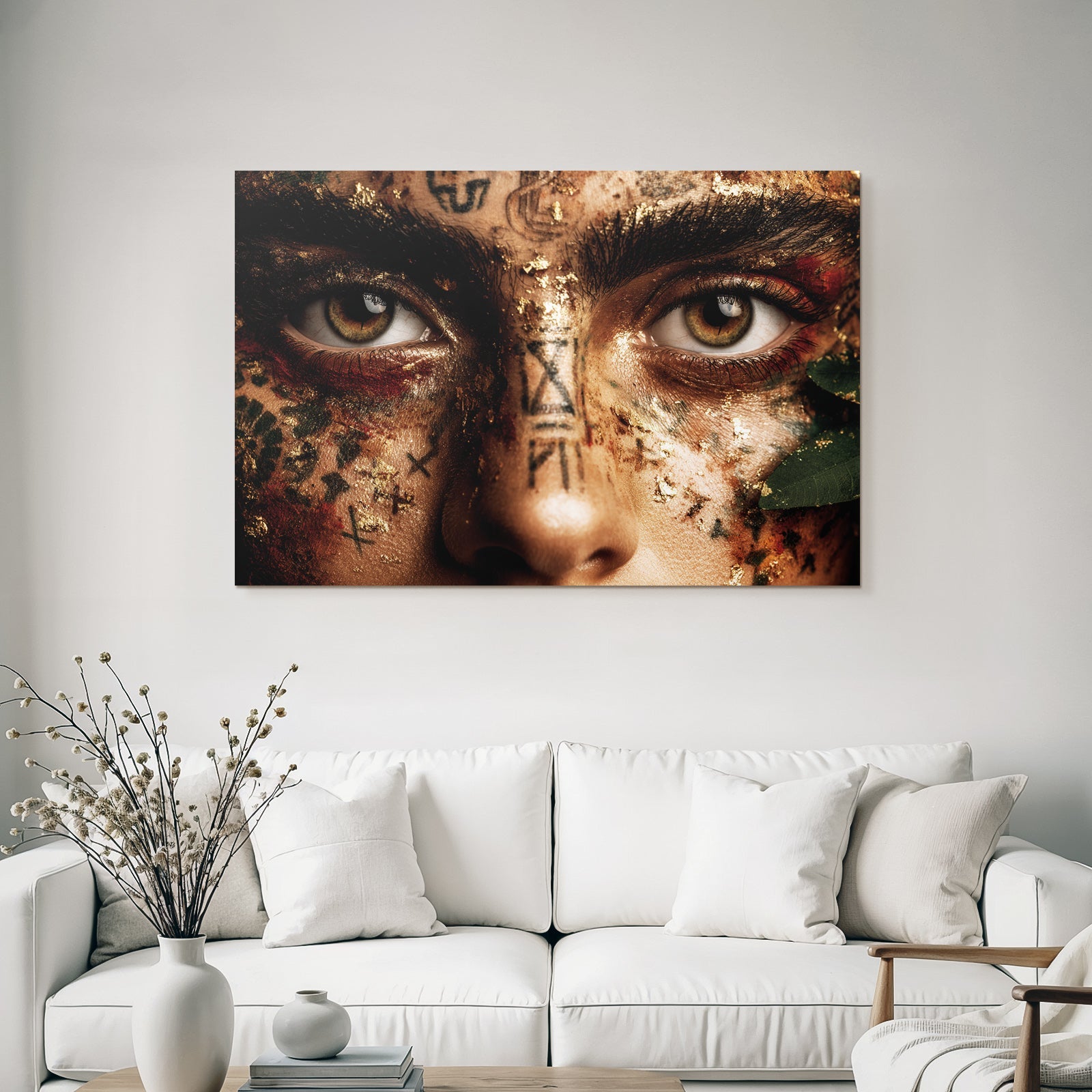 Intrikate Makeup Mit Goldblatt Und Symbolen Augen Narrative Kunstvolles Ausdruck