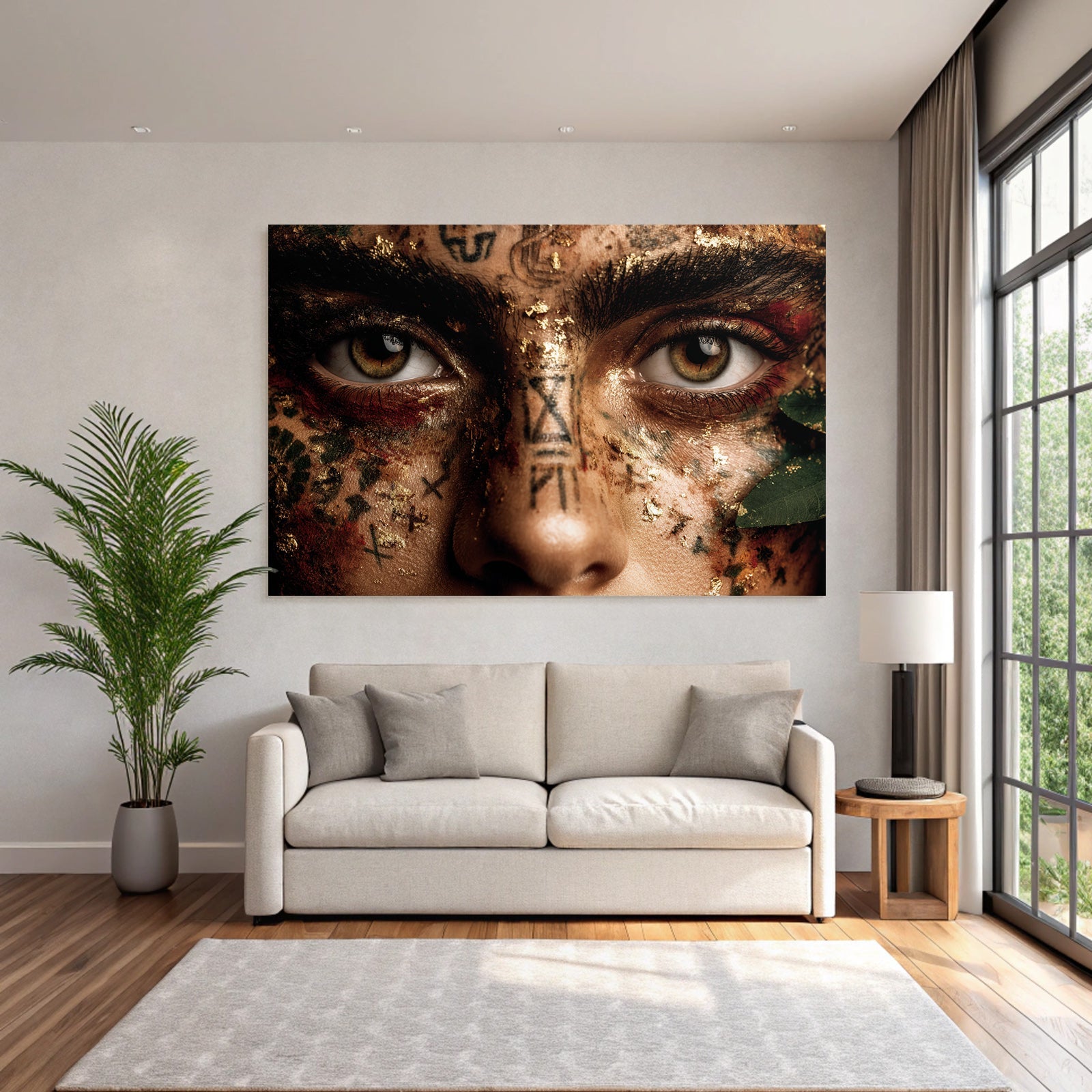Intrikate Makeup Mit Goldblatt Und Symbolen Augen Narrative Kunstvolles Ausdruck