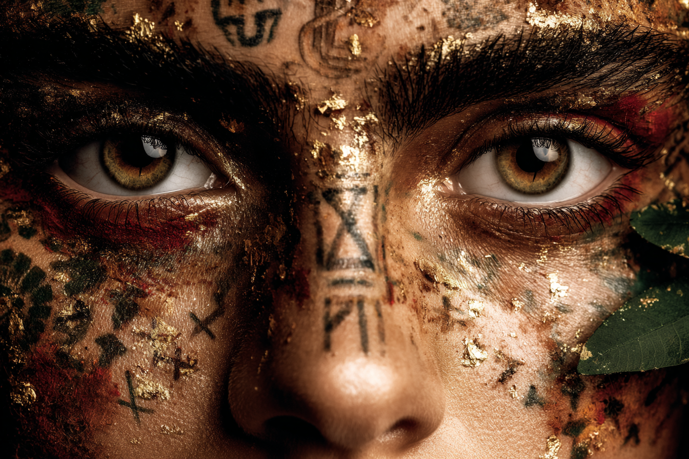 Intrikate Makeup Mit Goldblatt Und Symbolen Augen Narrative Kunstvolles Ausdruck | Tattoo Aesthetik | Menschen und Emotionen