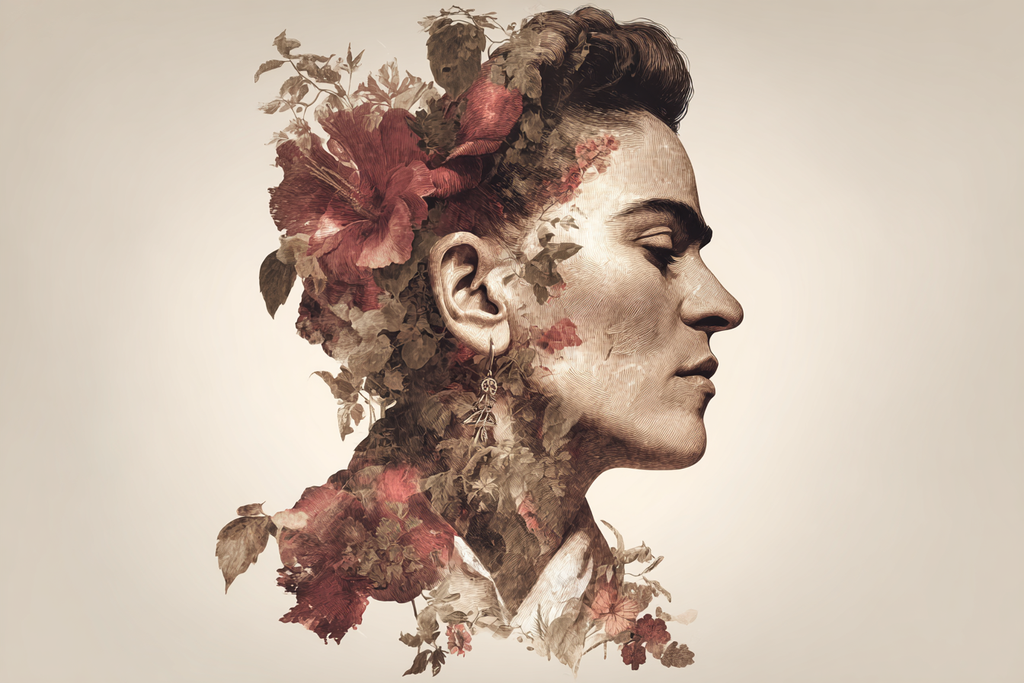 Künstlerische Darstellung Menschenprofil Mit Blumenelementen | Tattoo Aesthetik | Menschen und Emotionen
