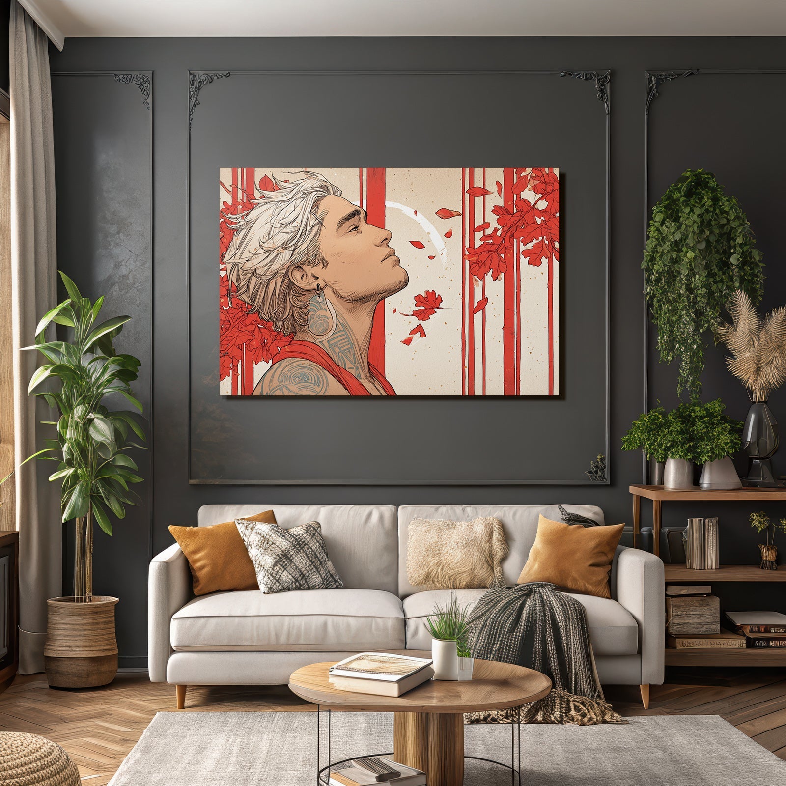 Künstlerische Illustration Person Mit Weissen Haaren Und Tattoos Mit Rotem Laub