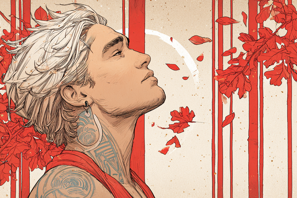 Künstlerische Illustration Person Mit Weissen Haaren Und Tattoos Mit Rotem Laub | Tattoo Aesthetik | Menschen und Emotionen