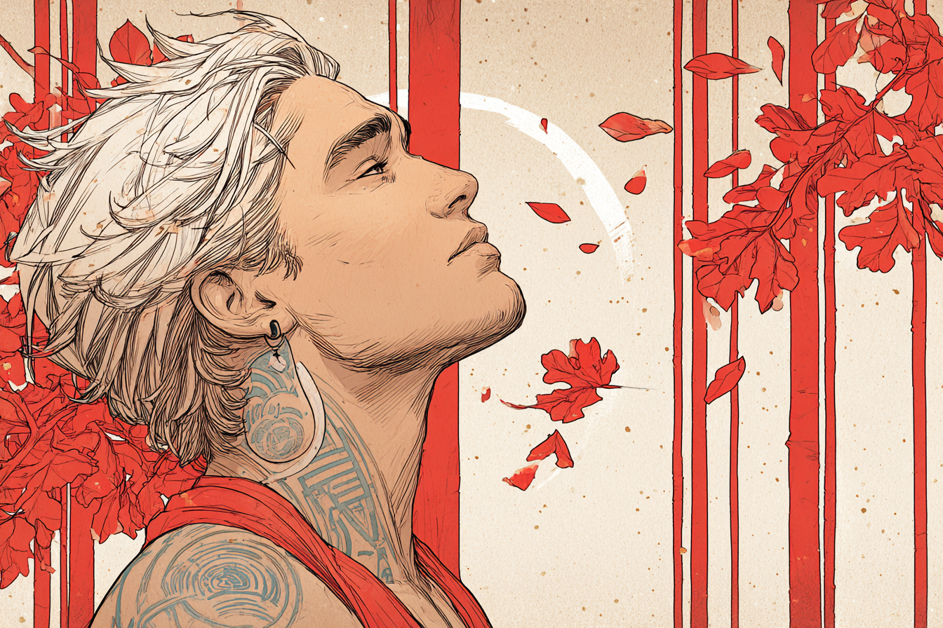 Künstlerische Illustration Person Mit Weissen Haaren Und Tattoos Mit Rotem Laub | Tattoo Aesthetik | Menschen und Emotionen