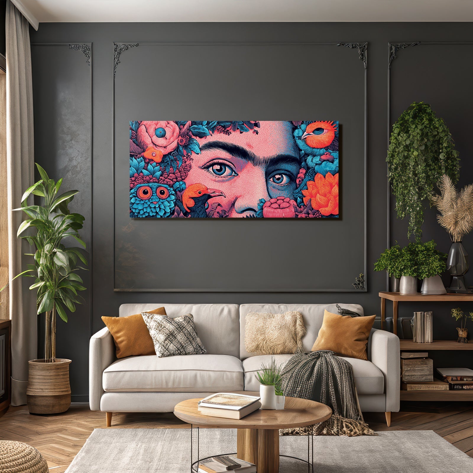 Künstlerische Porträt Mit Blumen Und Vögeln Bunte Farben Surrealismus