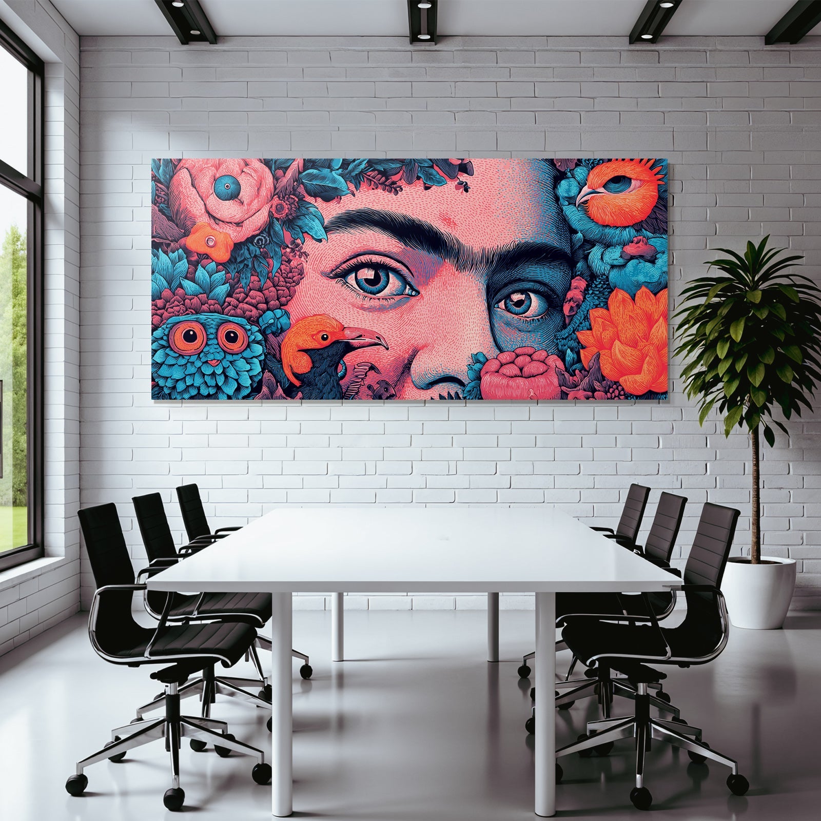 Künstlerische Porträt Mit Blumen Und Vögeln Bunte Farben Surrealismus