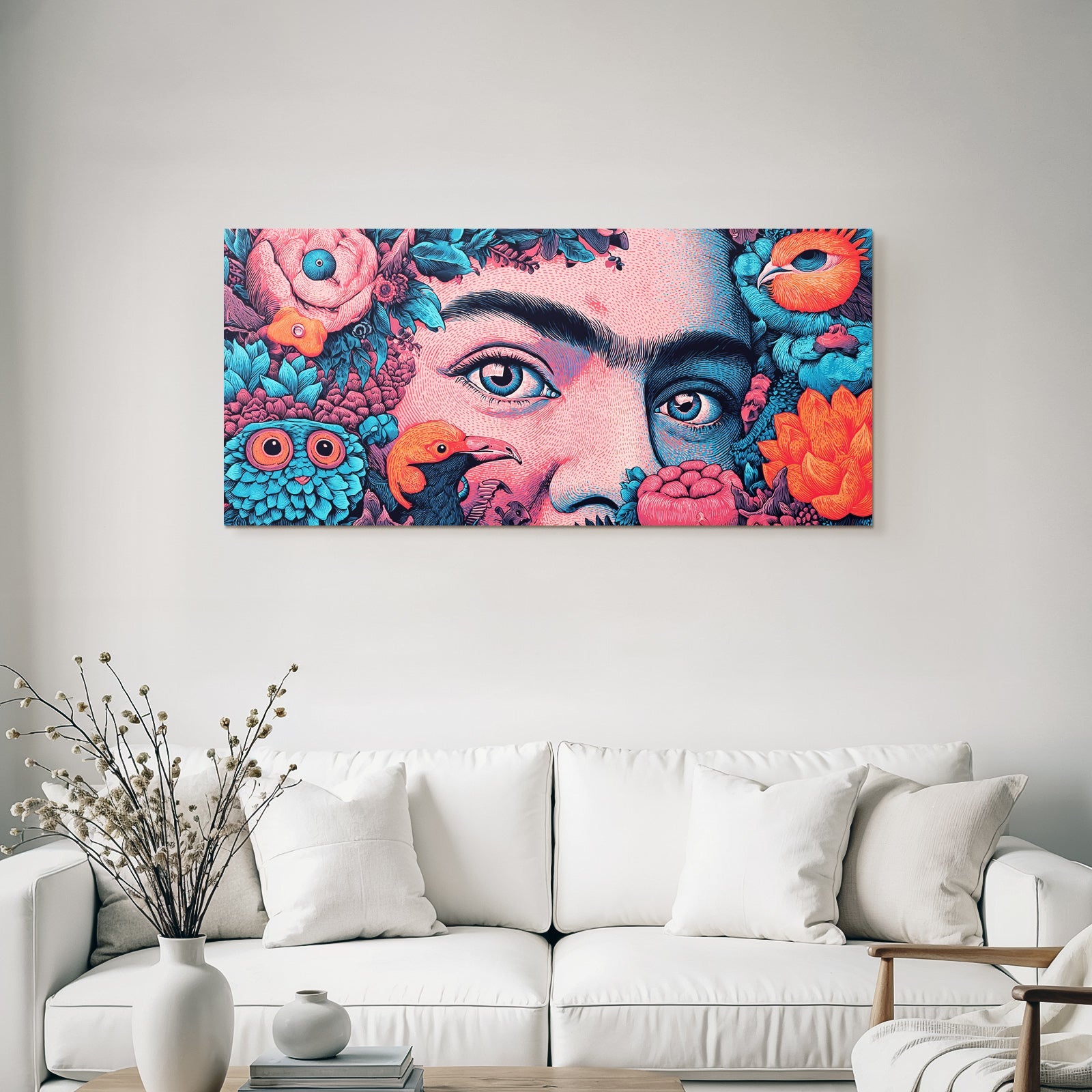 Künstlerische Porträt Mit Blumen Und Vögeln Bunte Farben Surrealismus