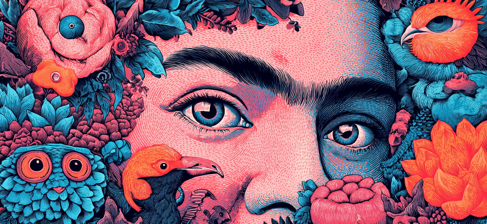 Künstlerische Porträt Mit Blumen Und Vögeln Bunte Farben Surrealismus | Tattoo Aesthetik | Menschen und Emotionen