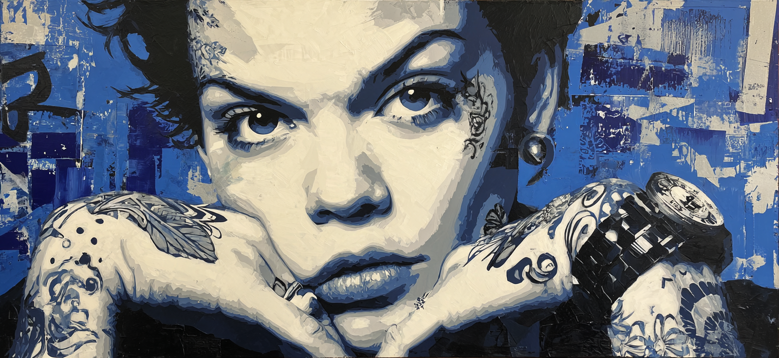 Künstlerische Portrait Von Person Mit Tattoos In Blau Und Grau Focused Expression | Tattoo Aesthetik | Menschen und Emotionen
