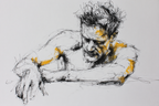 Männliche Figur Nachdenklich Schwarz Gelb Skizze | Tattoo Aesthetik | Menschen und Emotionen