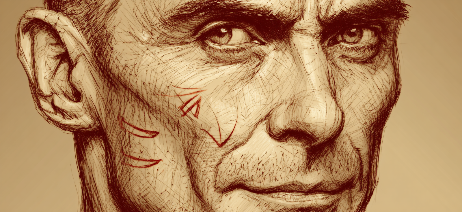 Menschliches Portrait Mit Detailreichen Kampfnarben Skizze | Tattoo Aesthetik | Menschen und Emotionen