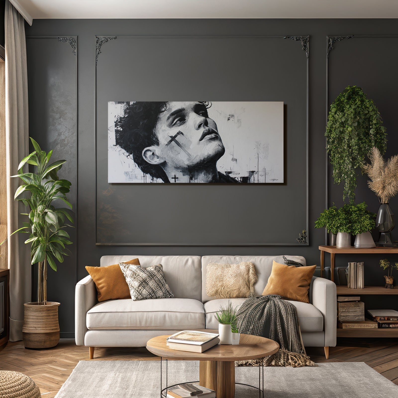 Monochromes Porträt Kunstwerk Mit Kreuzen Und Abstrakten Mustern