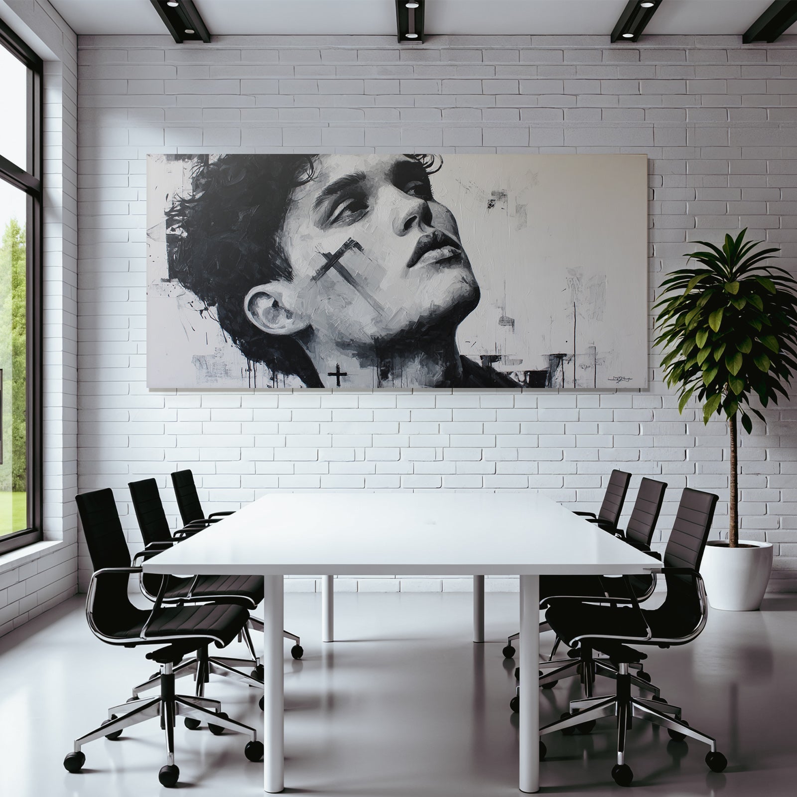 Monochromes Porträt Kunstwerk Mit Kreuzen Und Abstrakten Mustern