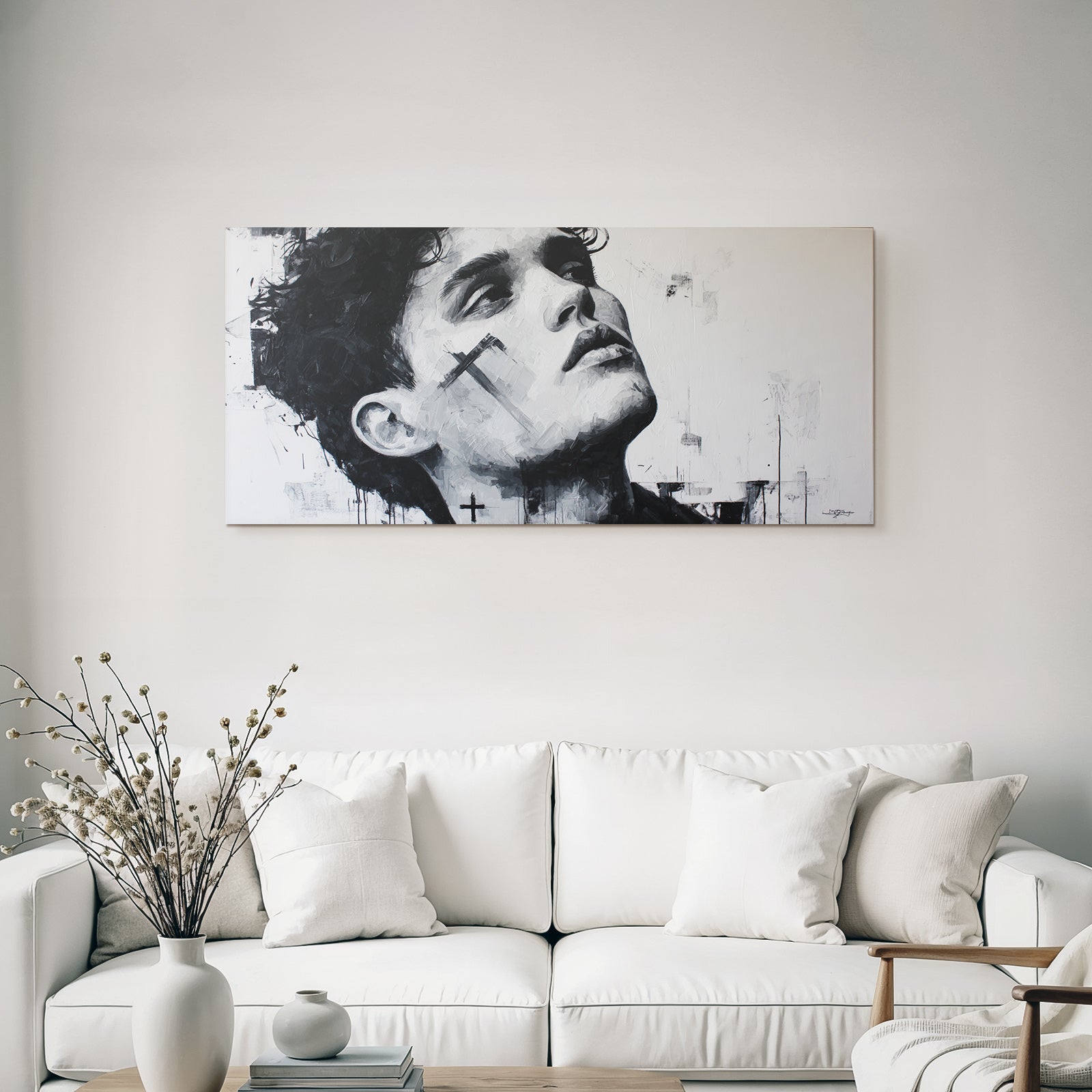 Monochromes Porträt Kunstwerk Mit Kreuzen Und Abstrakten Mustern