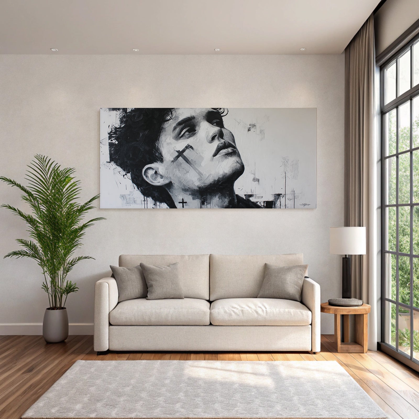Monochromes Porträt Kunstwerk Mit Kreuzen Und Abstrakten Mustern